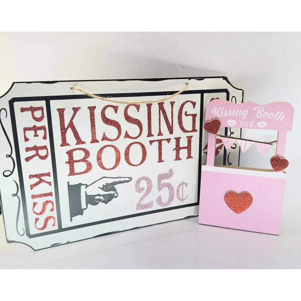 VALENTINE Kissing Booth Mini Stand w/ Banner & Sign- Lips/Hearts, Red/Pink-Decor